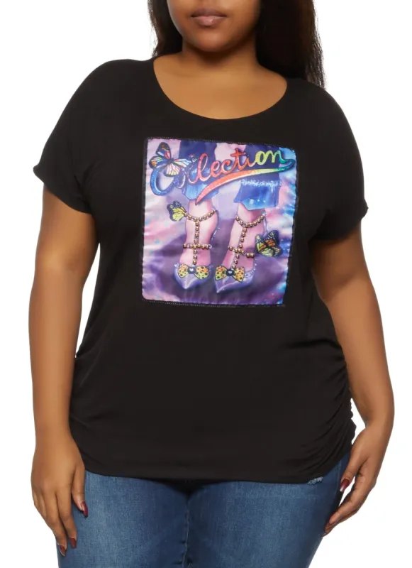 Plus Size Studded Graphic Patch Top sold by Rainbow