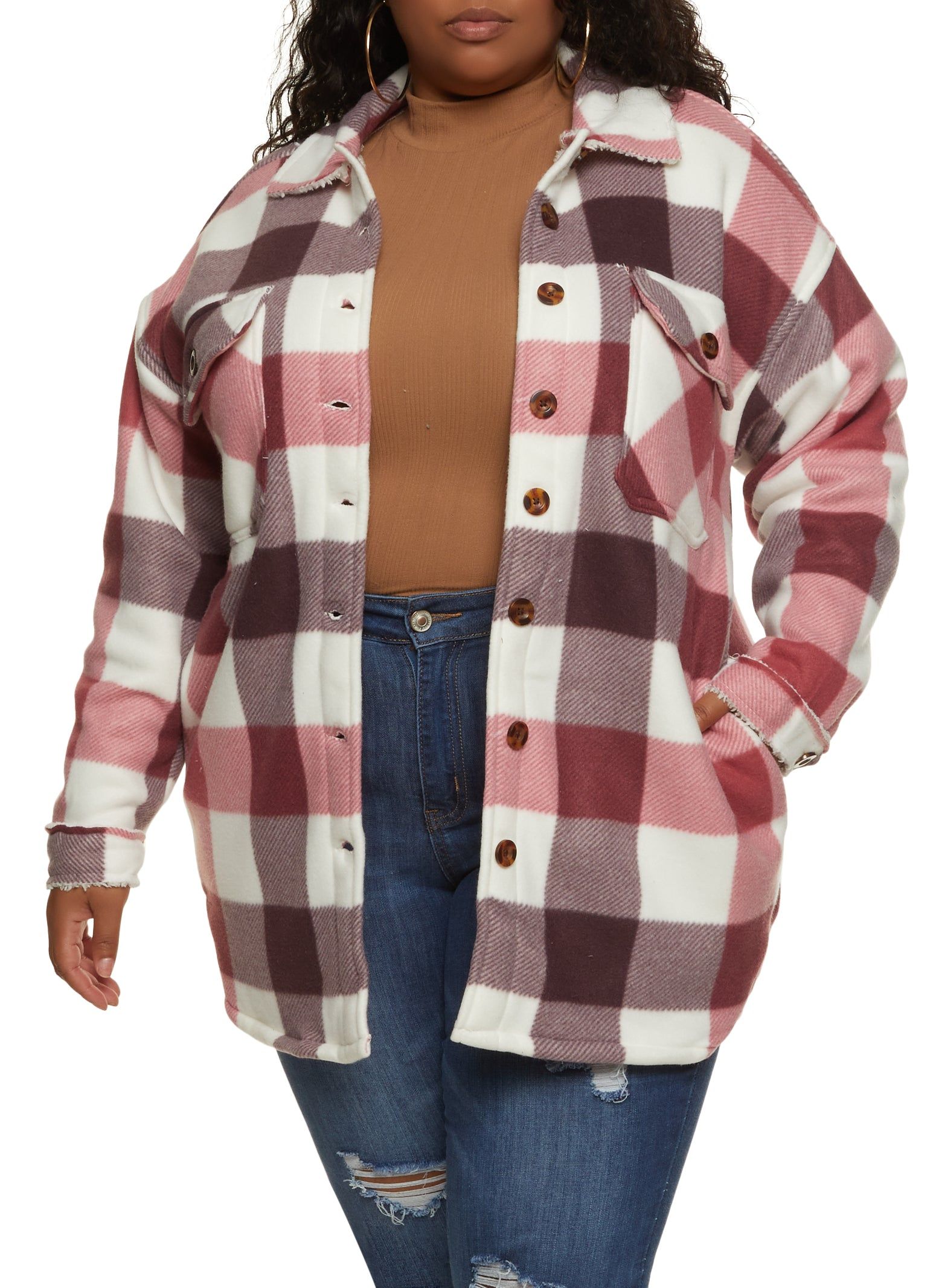 Plus Size Plaid Brushed Knit Sherpa Lined Longline Shacket sold by Rainbow