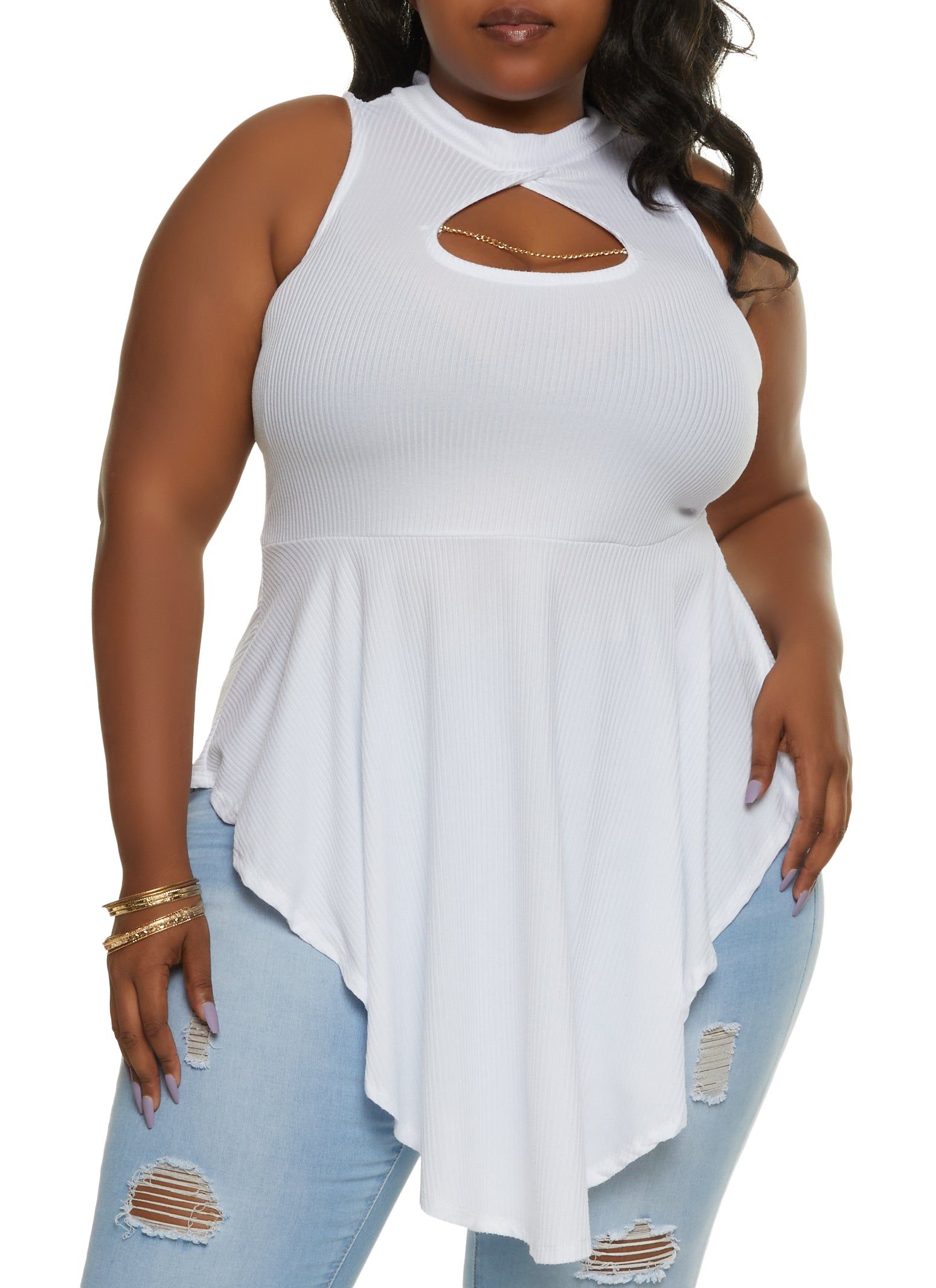 Plus Size Keyhole Chain Hanky Hem Top sold by Rainbow