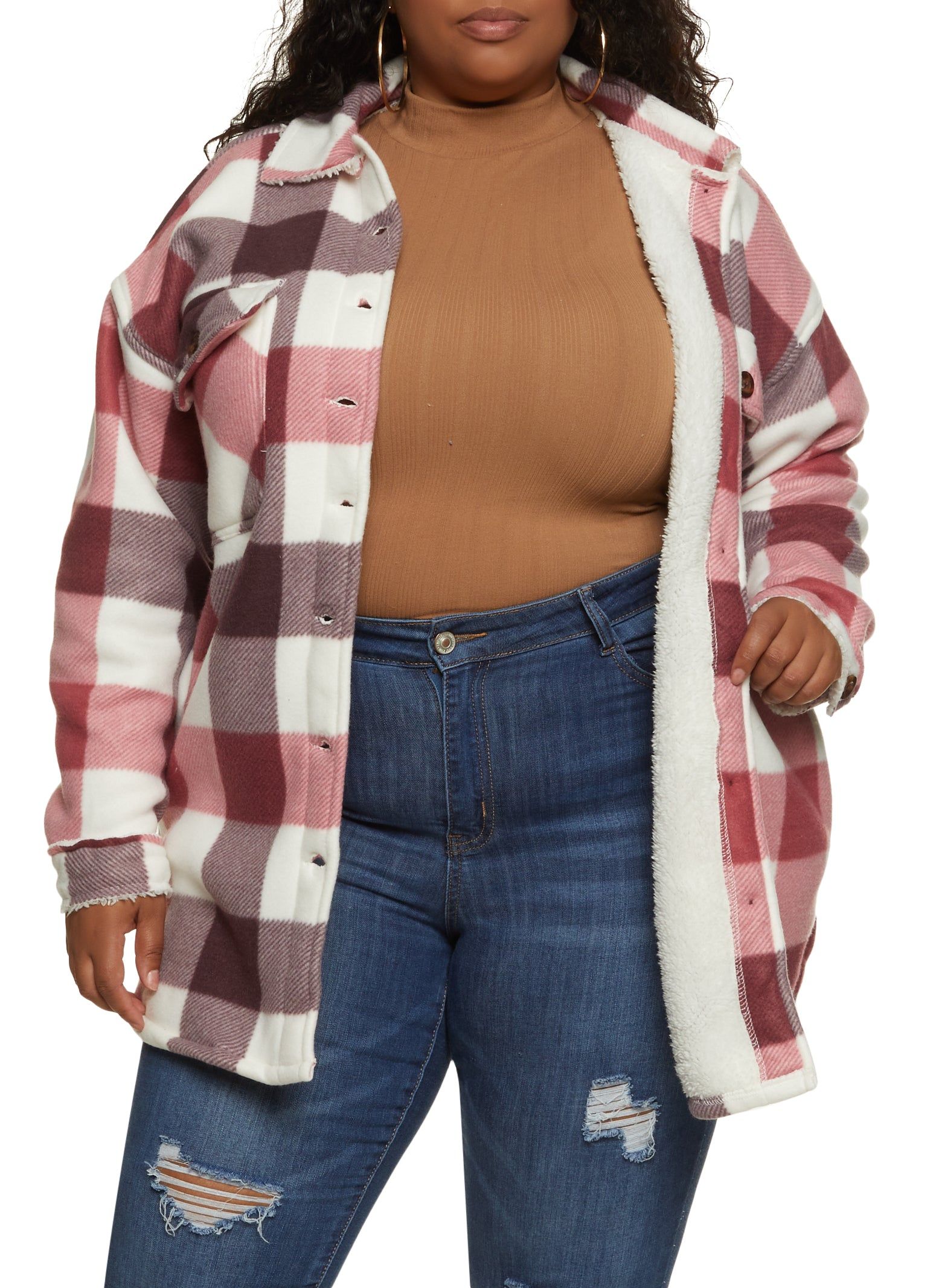 Plus Size Plaid Brushed Knit Sherpa Lined Longline Shacket sold by Rainbow product image thumbnail 2
