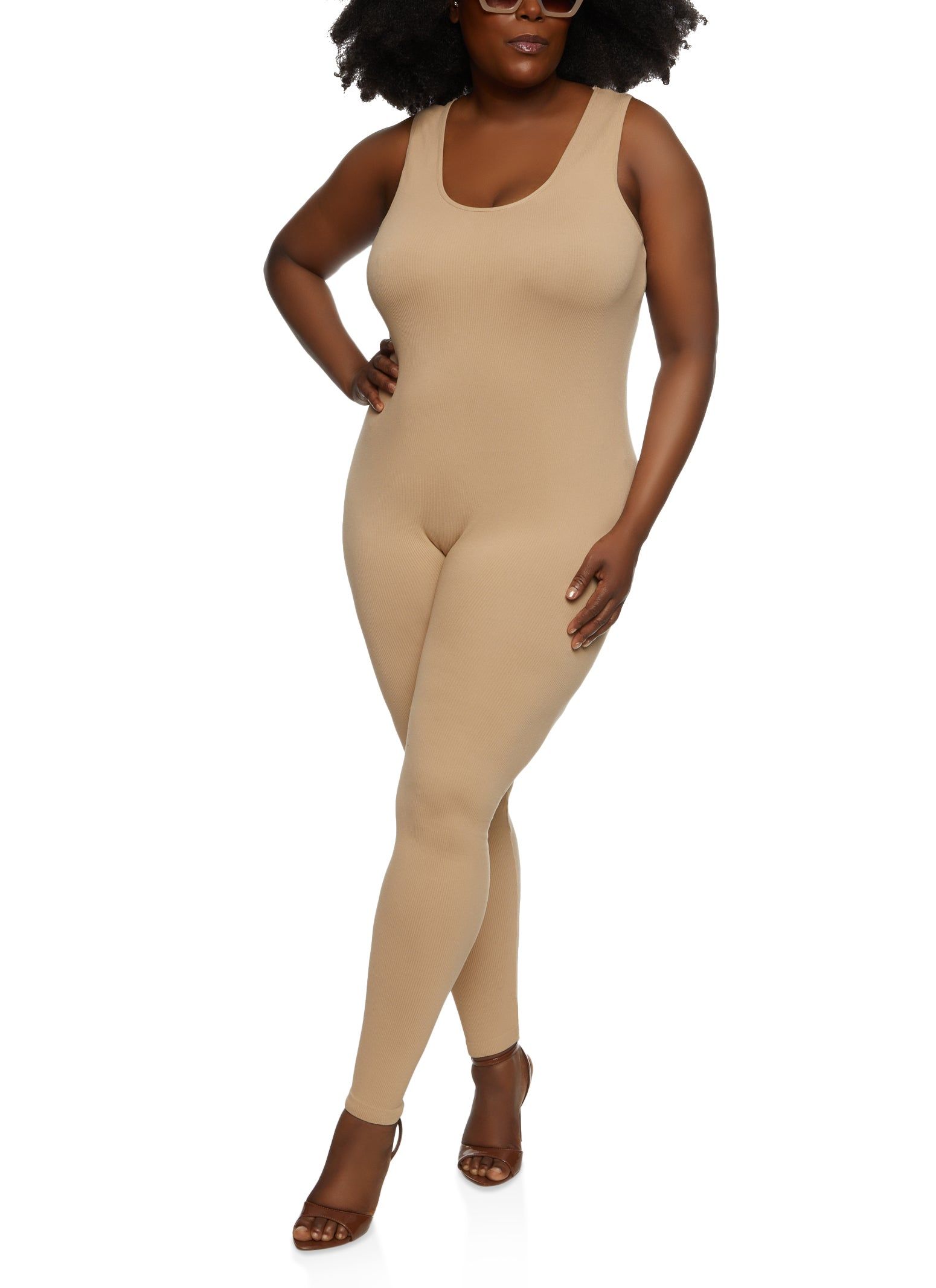 Plus Size Rib Knit Scoop Neck Catsuit sold by Rainbow