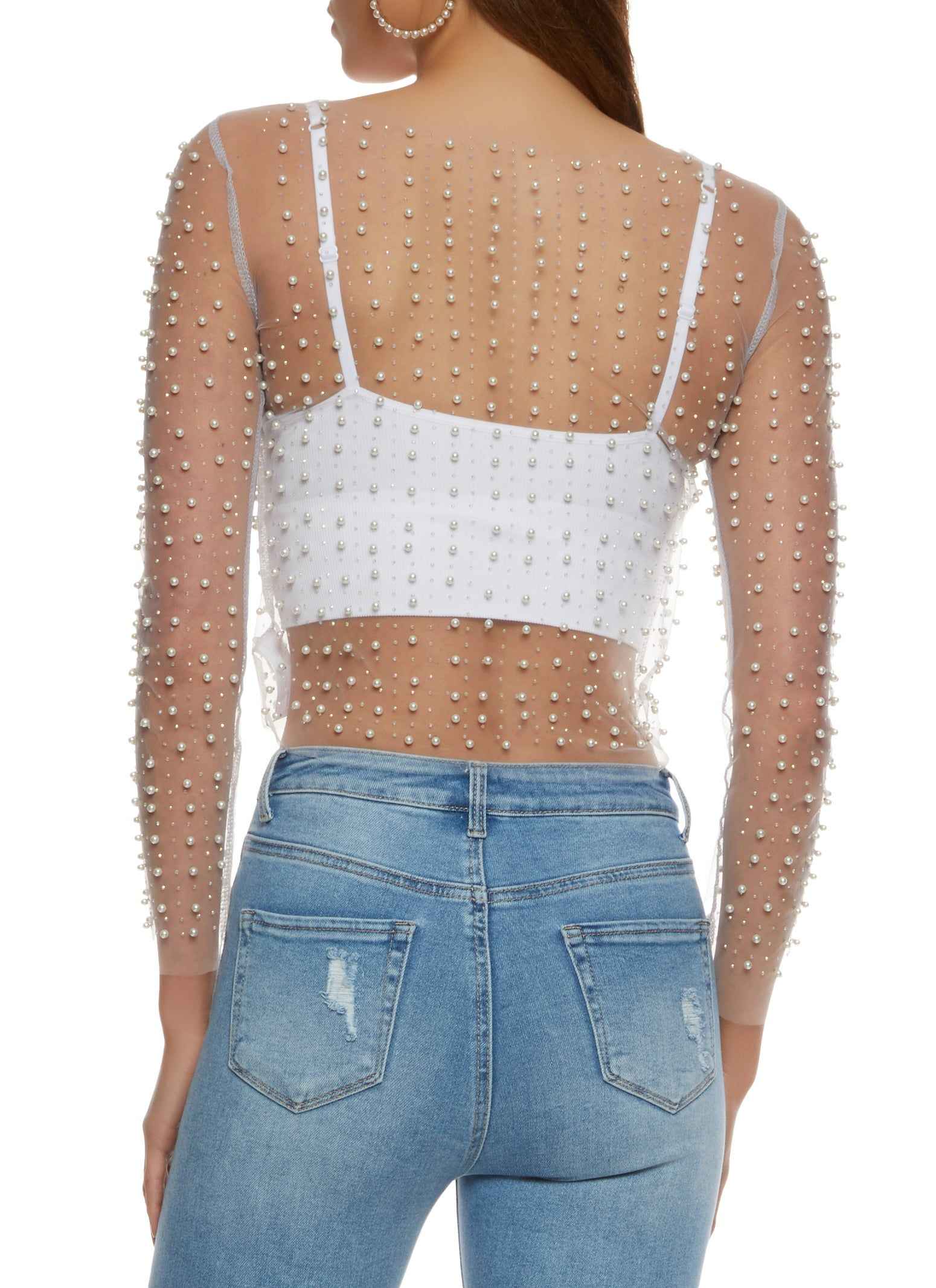 Mesh Faux Pearl Rhinestone Long Sleeve Top sold by Rainbow product image thumbnail 2