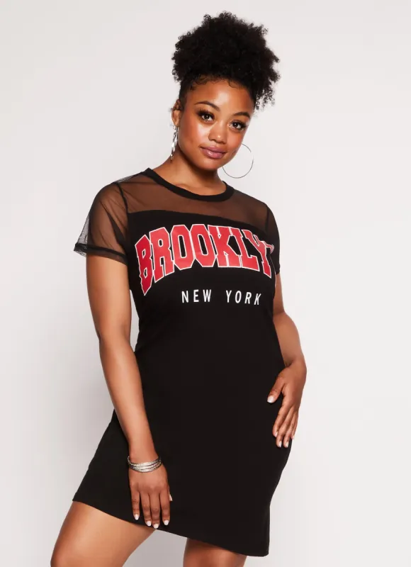 Plus Size Mesh Insert Brooklyn New York T Shirt Dress sold by Rainbow