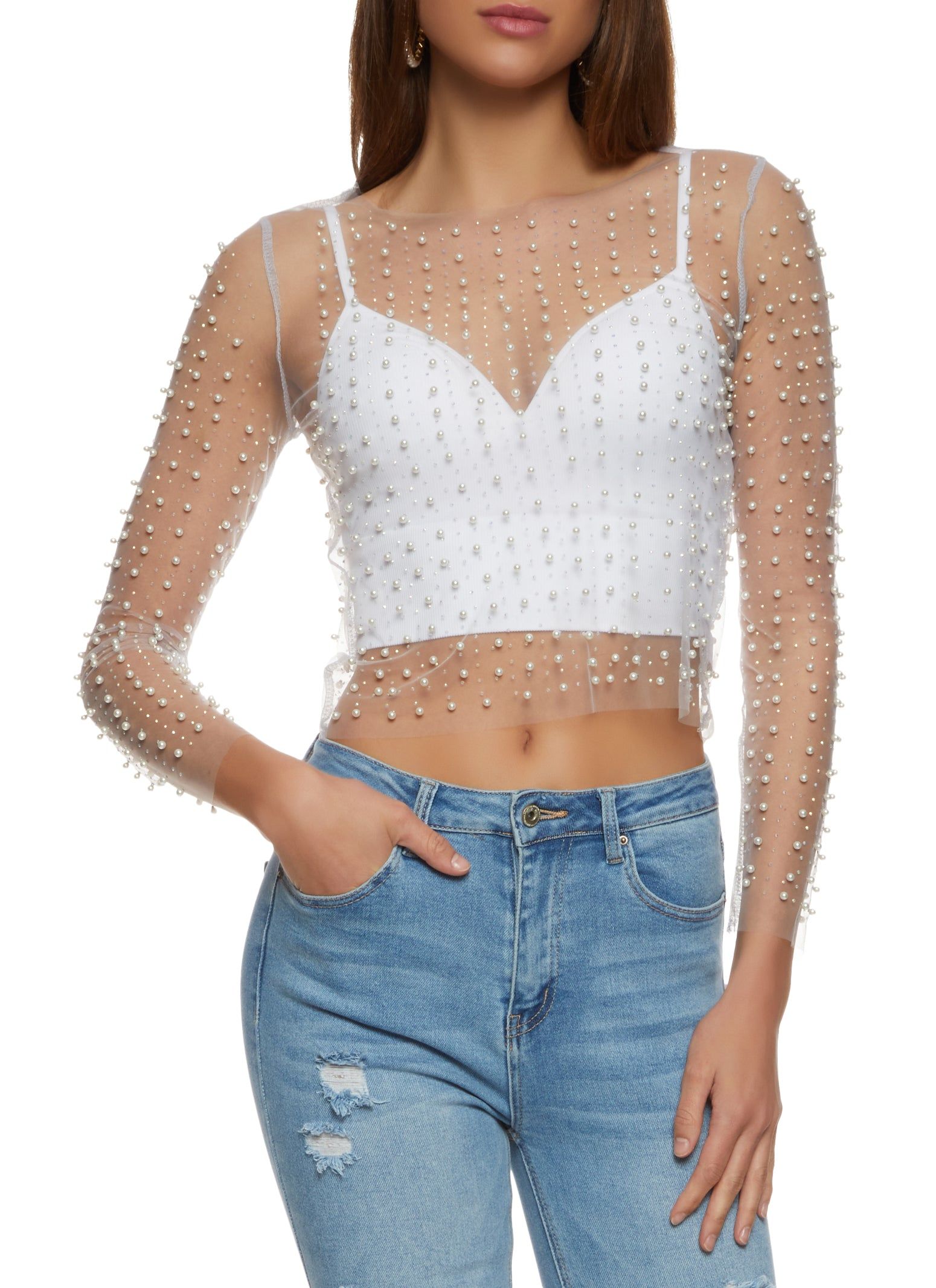 Mesh Faux Pearl Rhinestone Long Sleeve Top sold by Rainbow
