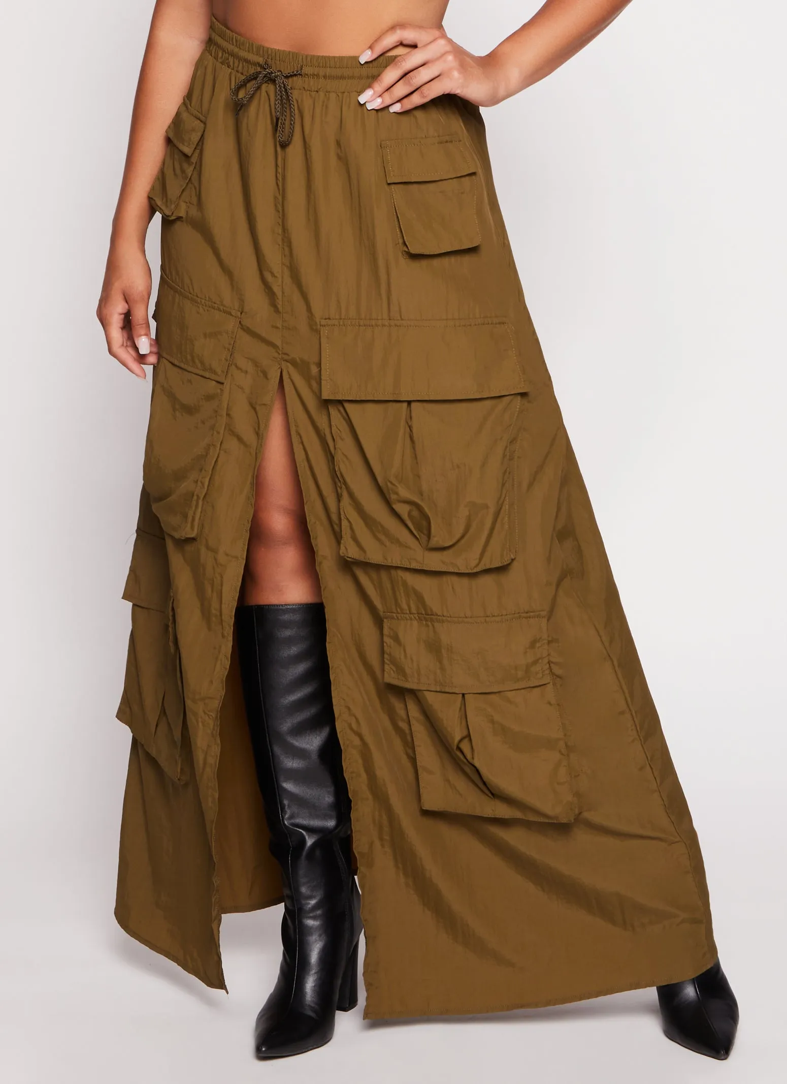 Nylon Drawstring Front Slit Maxi Cargo Skirt sold by Rainbow product image thumbnail 2
