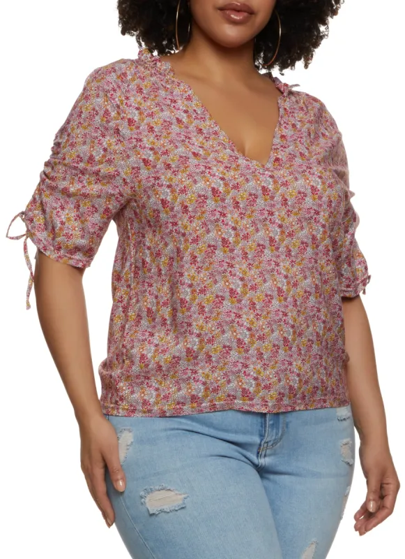 Plus Size Floral Ruched Tie Sleeve Top sold by Rainbow
