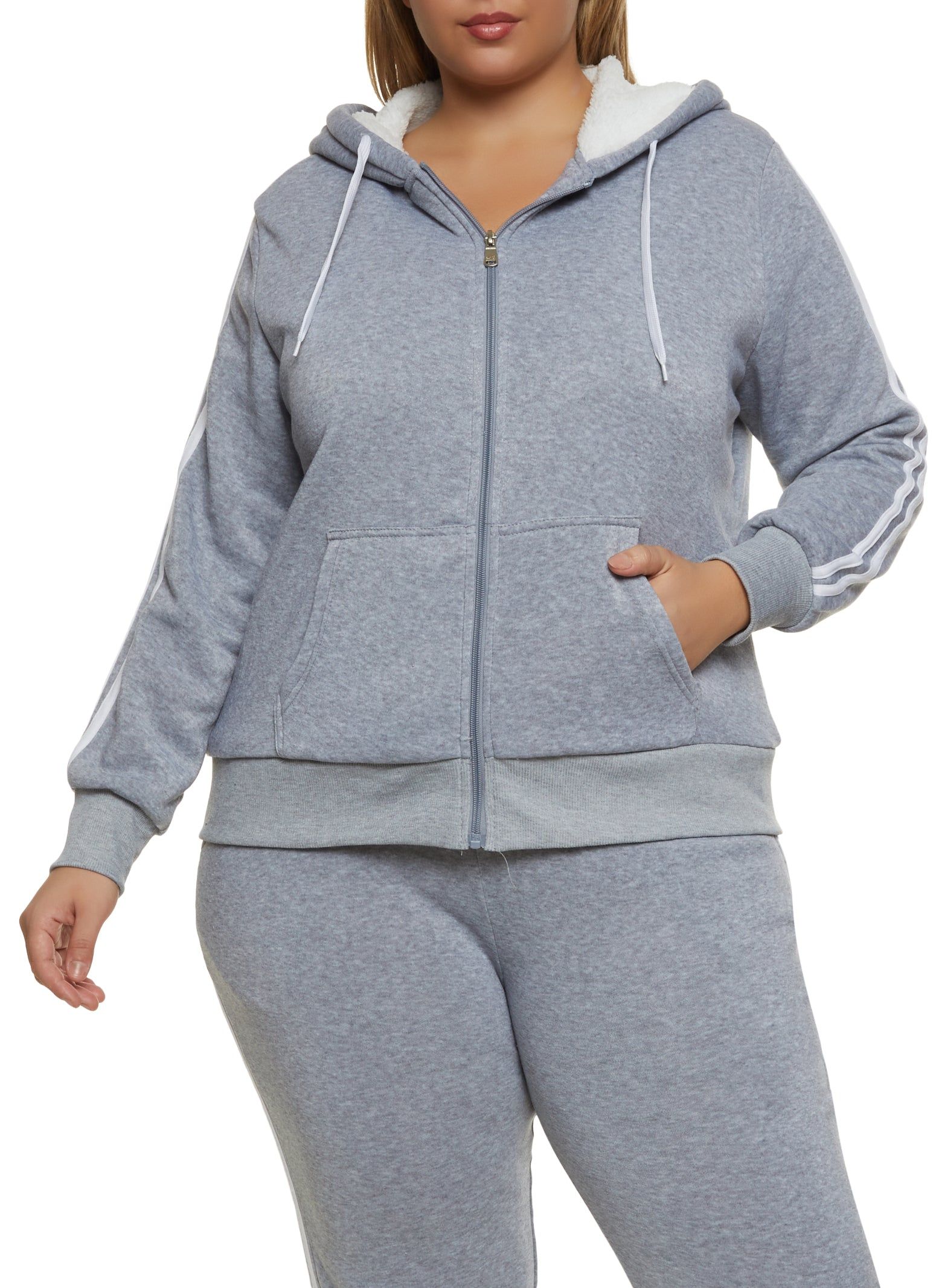 Plus Size Sherpa Lined Varsity Striped Sleeve Zip Hoodie sold by Rainbow