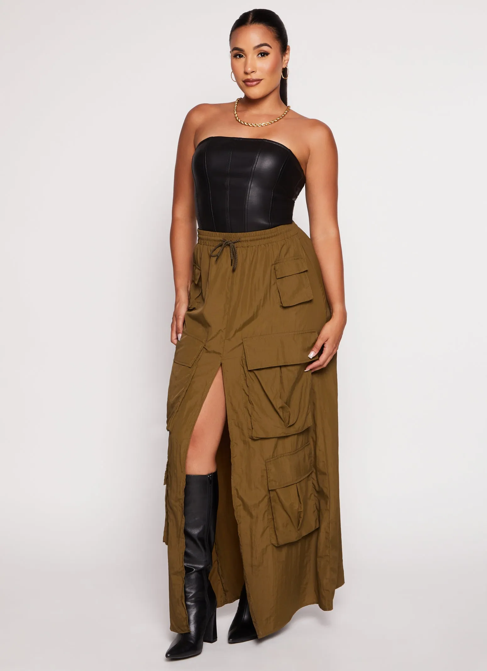 Nylon Drawstring Front Slit Maxi Cargo Skirt sold by Rainbow