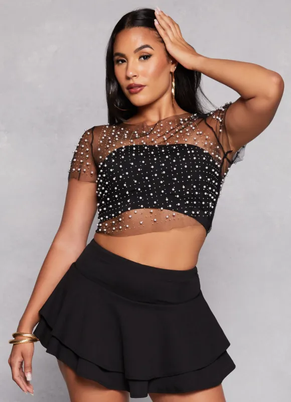 Haute Monde Mesh Rhinestone Faux Pearl Short Sleeve Top sold by Rainbow