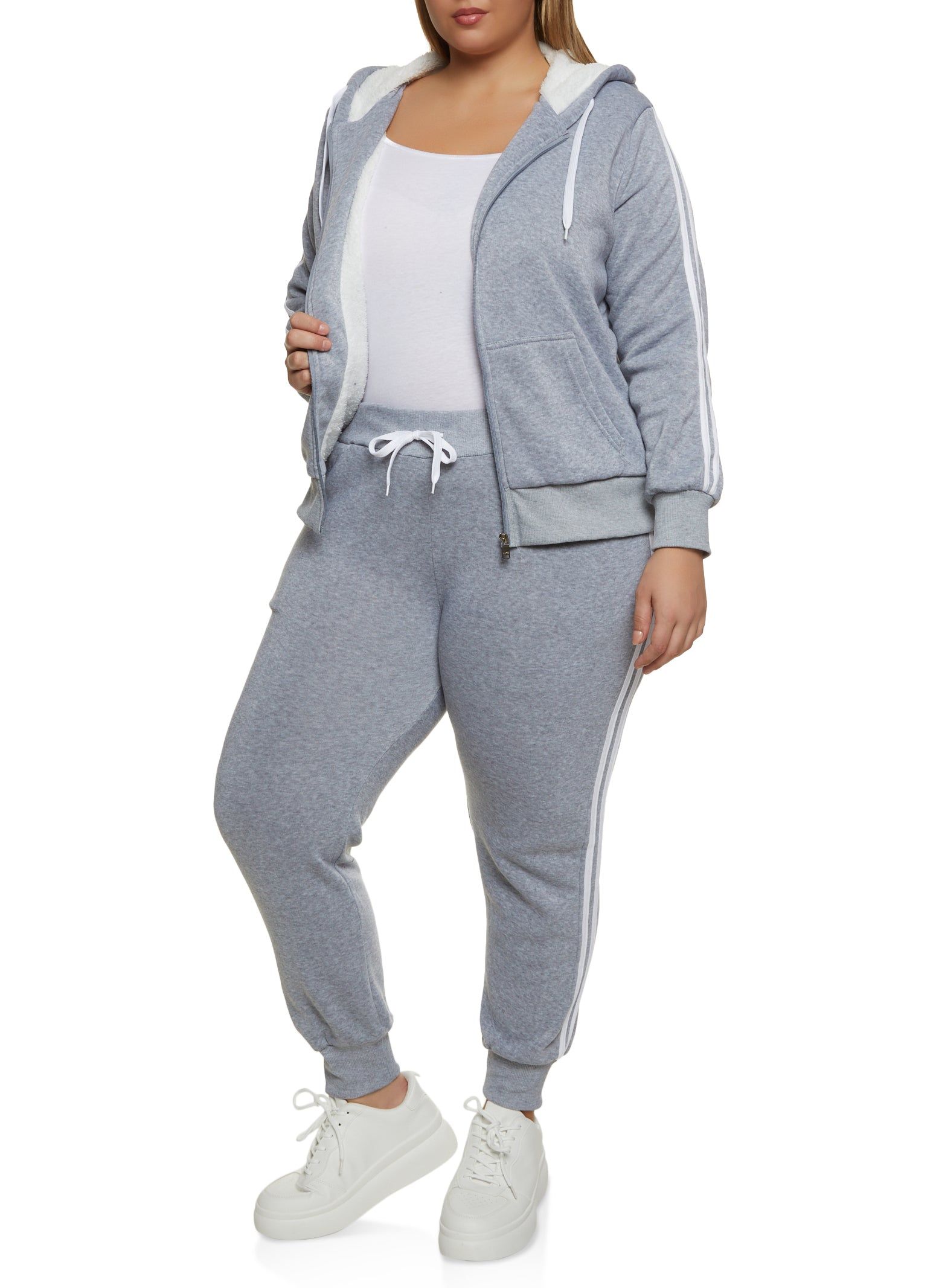 Plus Size Sherpa Lined Varsity Striped Sleeve Zip Hoodie sold by Rainbow product image thumbnail 2