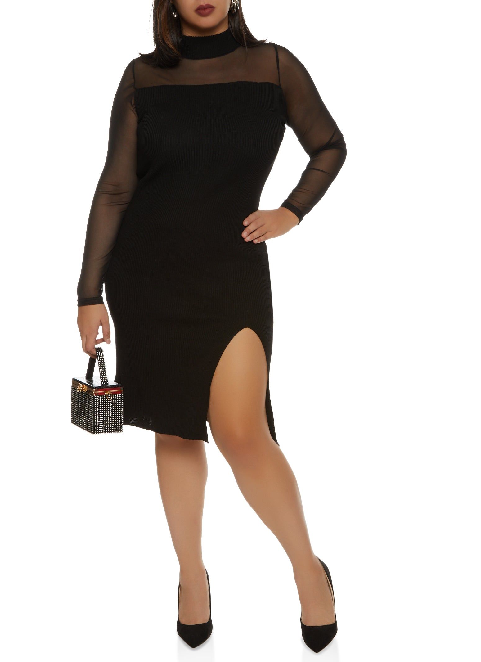 Plus Size Mesh Mock Neck Long Sleeve Midi Dress sold by Rainbow product image thumbnail 2
