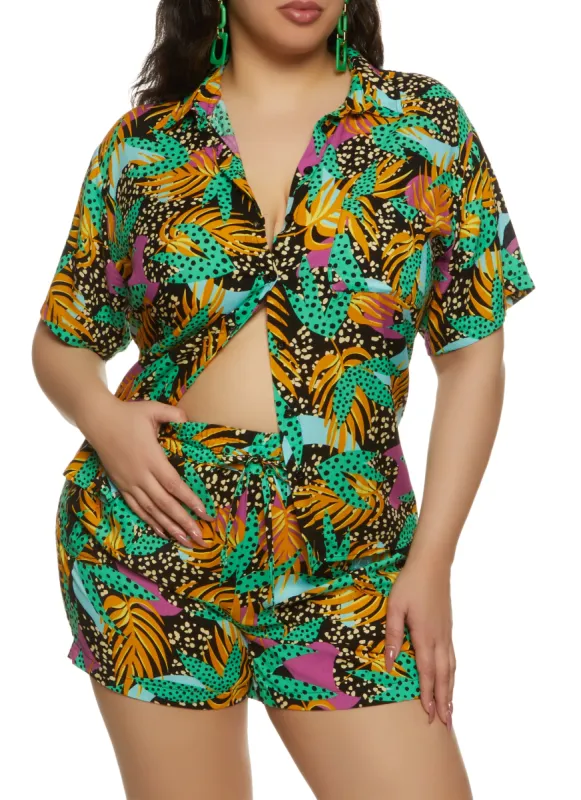Plus Size Tropical Print Tie Front Shirt sold by Rainbow