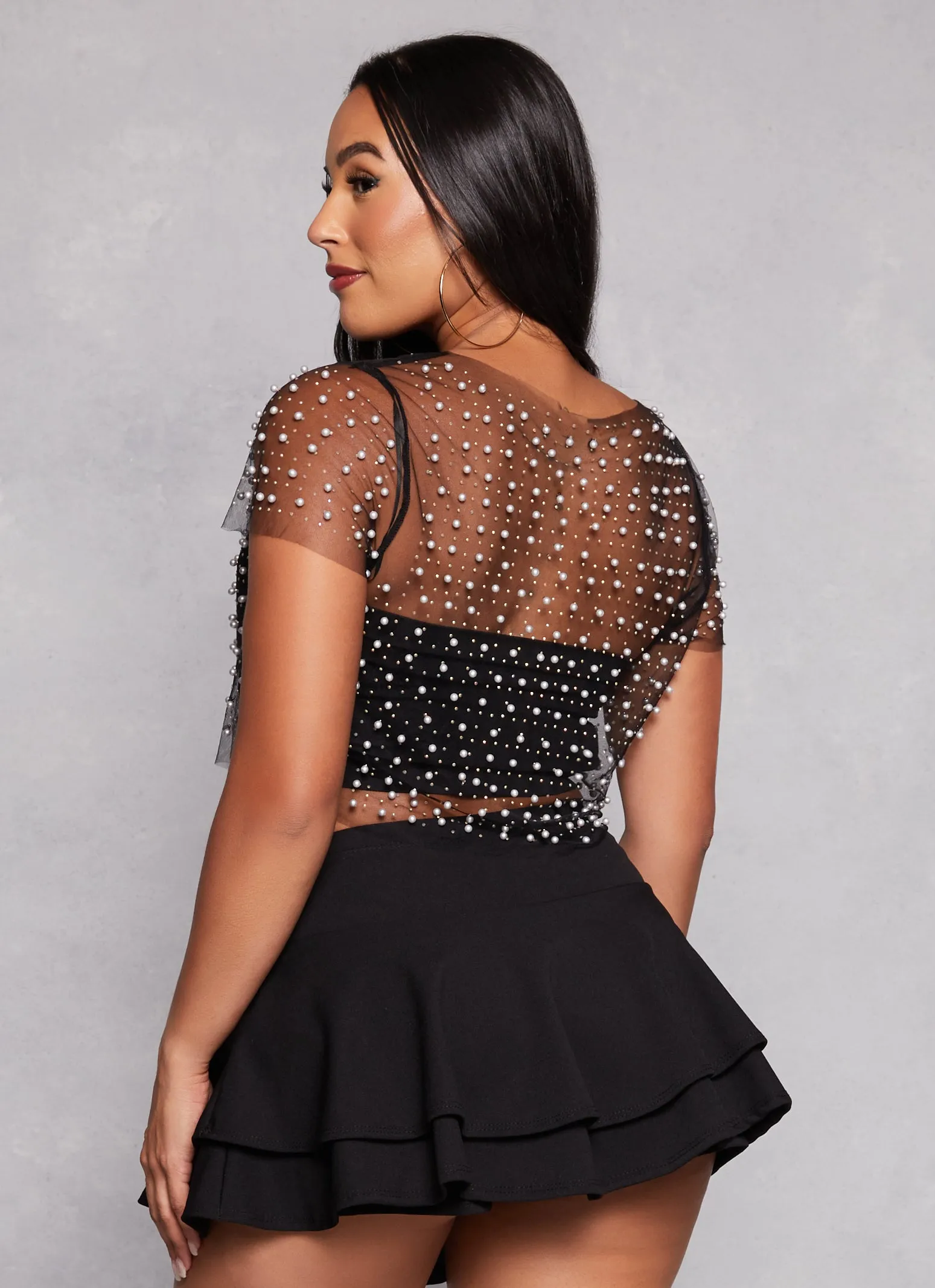 Haute Monde Mesh Rhinestone Faux Pearl Short Sleeve Top sold by Rainbow product image thumbnail 3