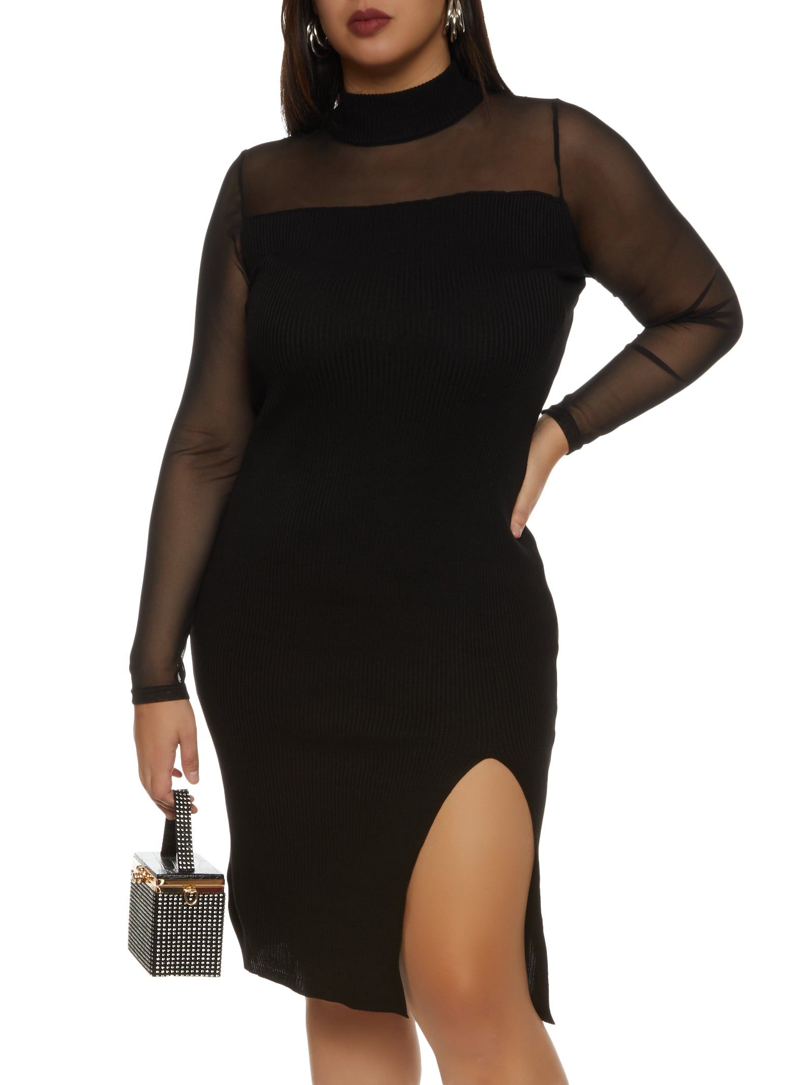 Plus Size Mesh Mock Neck Long Sleeve Midi Dress sold by Rainbow