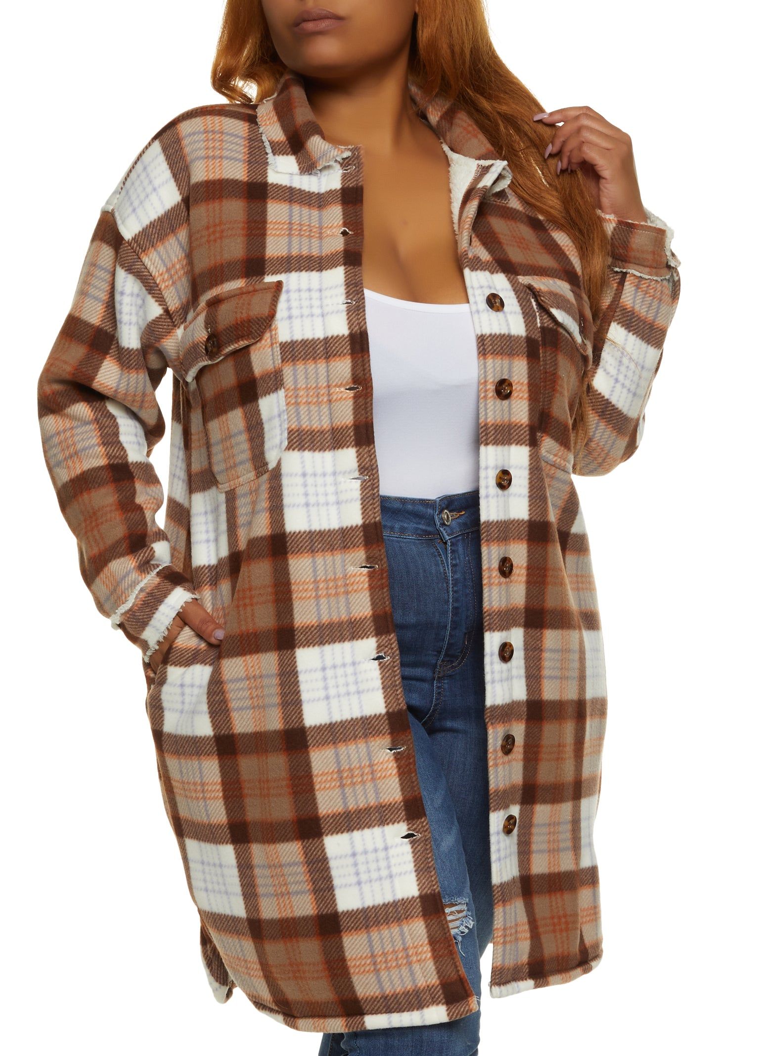 Plus Size Plaid Sherpa Lined Brushed Knit Long Shacket sold by Rainbow
