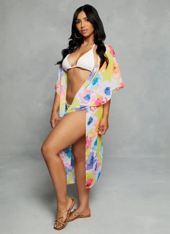 Chiffon Floral Print Swim Cover Up Kimono sold by Rainbow