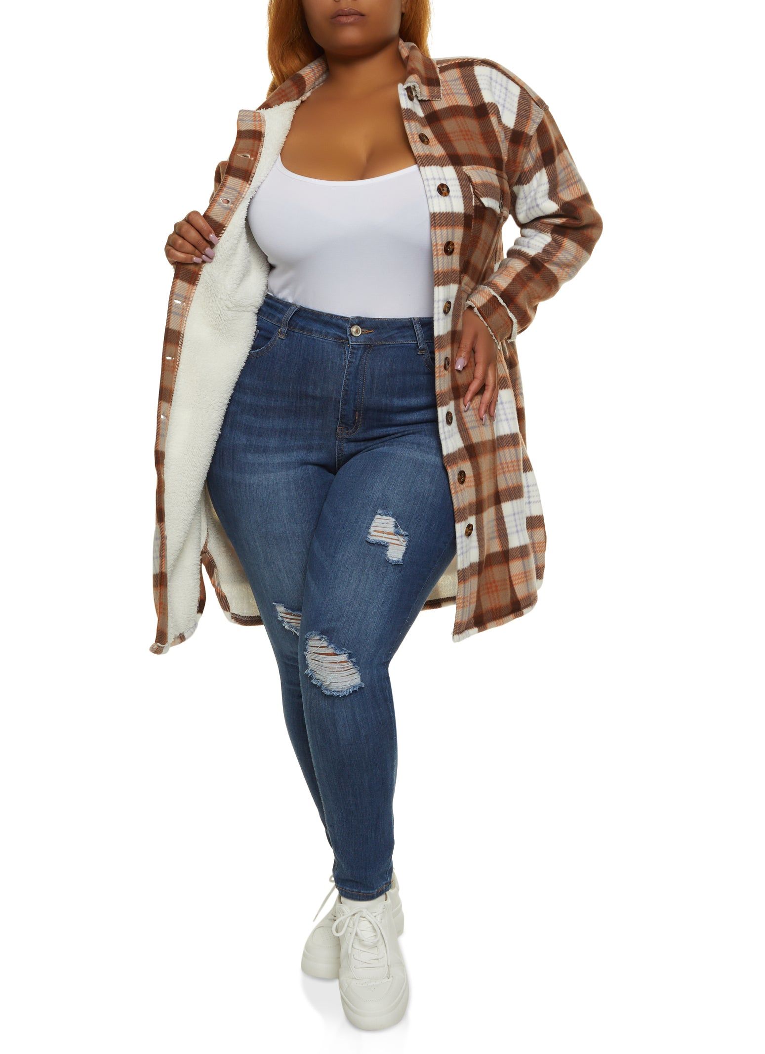 Plus Size Plaid Sherpa Lined Brushed Knit Long Shacket sold by Rainbow product image thumbnail 2