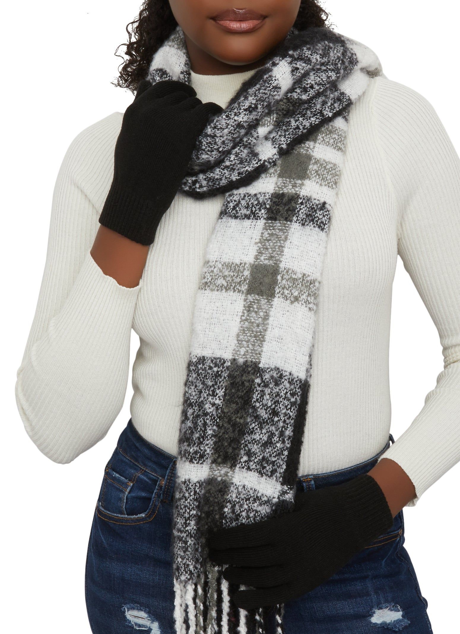 Rib Knit Pom Pom Beanie with Gloves and Plaid Scarf Set sold by Rainbow product image thumbnail 3