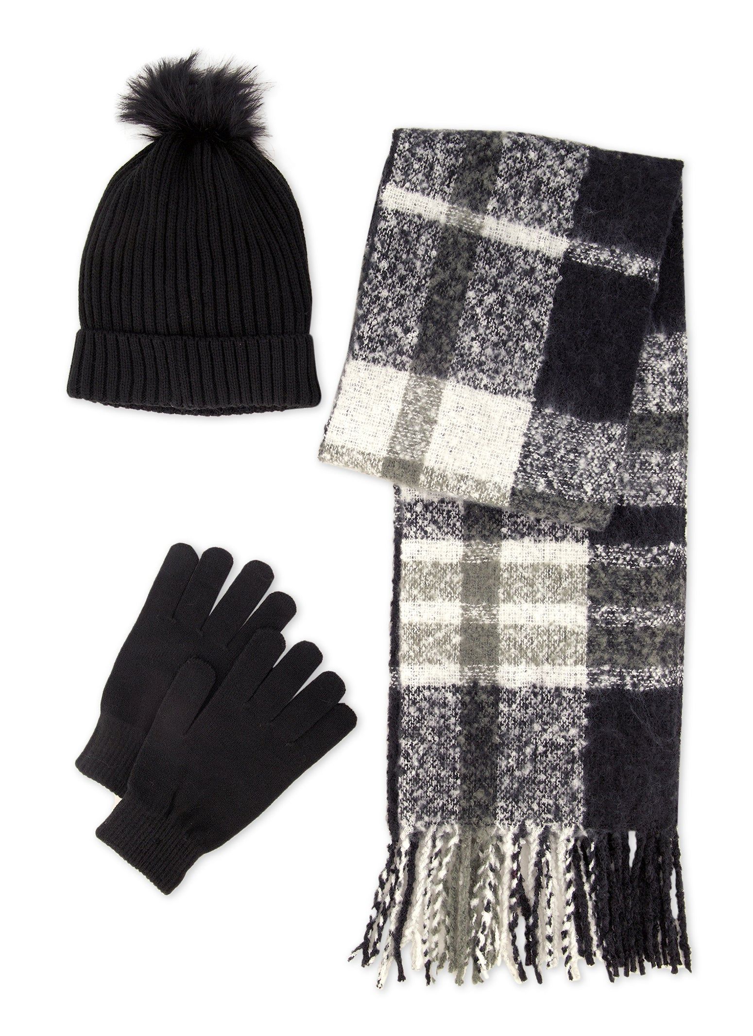 Rib Knit Pom Pom Beanie with Gloves and Plaid Scarf Set sold by Rainbow