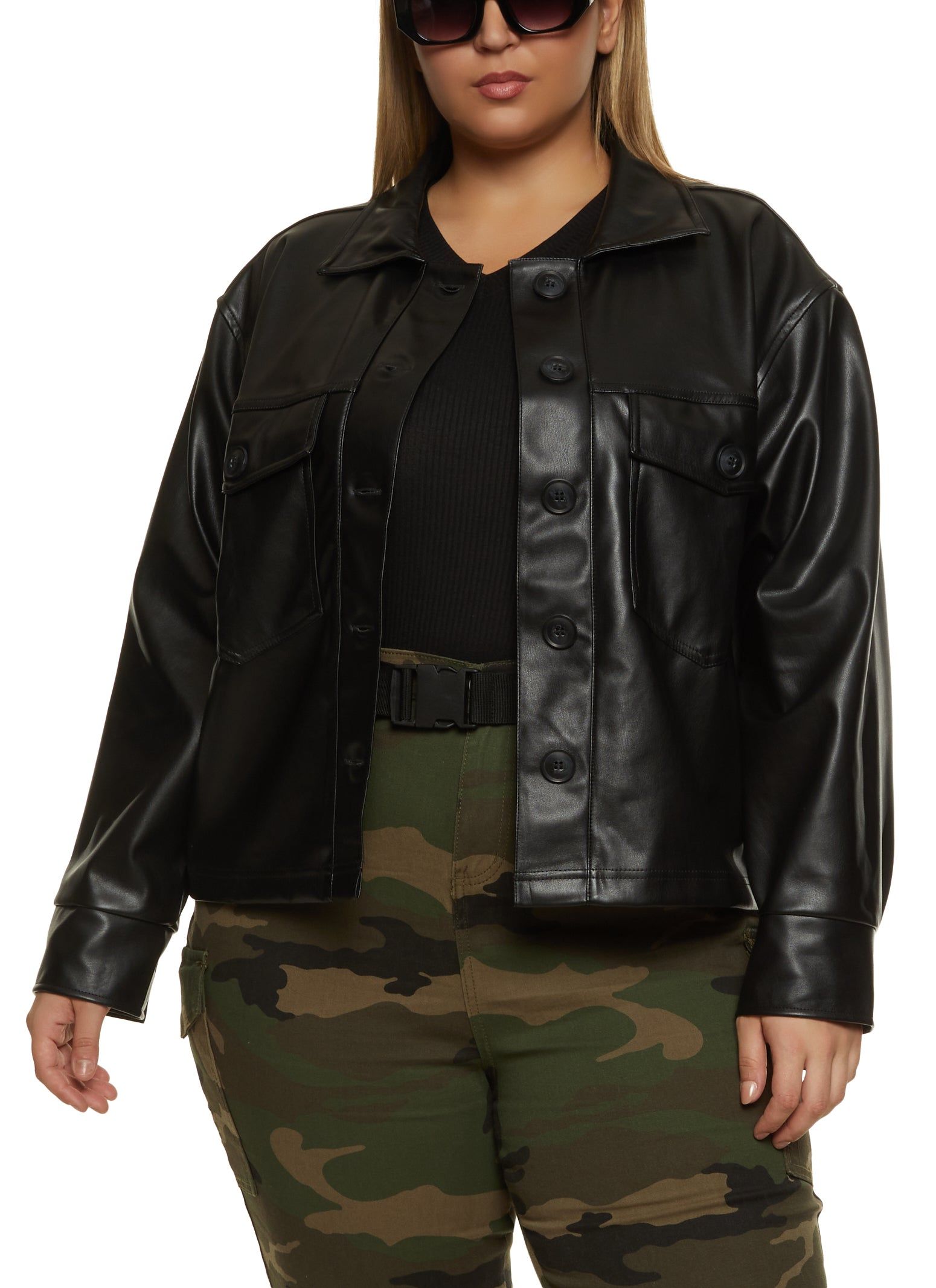 Plus Size Faux Leather Button Front Shacket sold by Rainbow