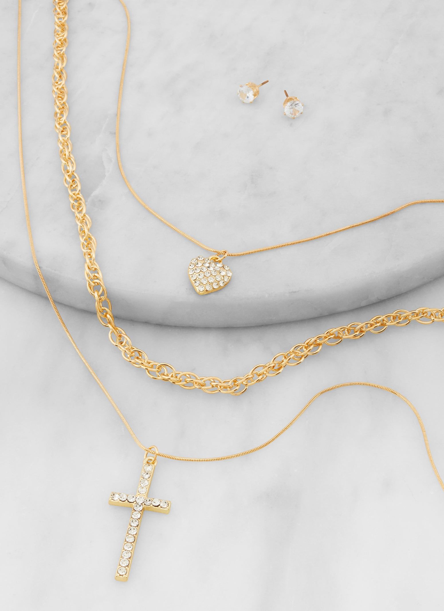 Rhinestone Heart Cross Layered Necklace and Stud Earring Set sold by Rainbow product image thumbnail 2