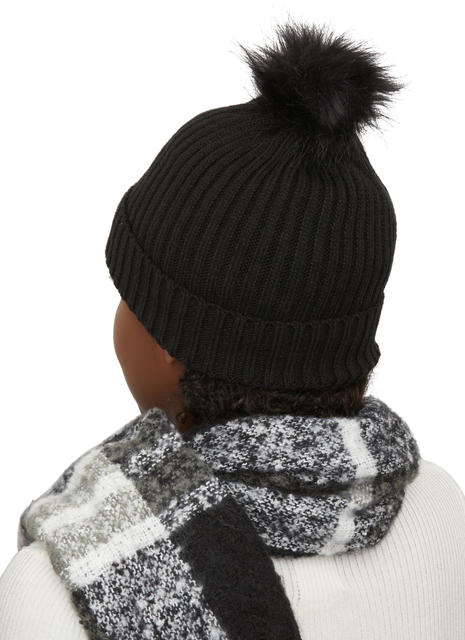 Rib Knit Pom Pom Beanie with Gloves and Plaid Scarf Set sold by Rainbow product image thumbnail 2