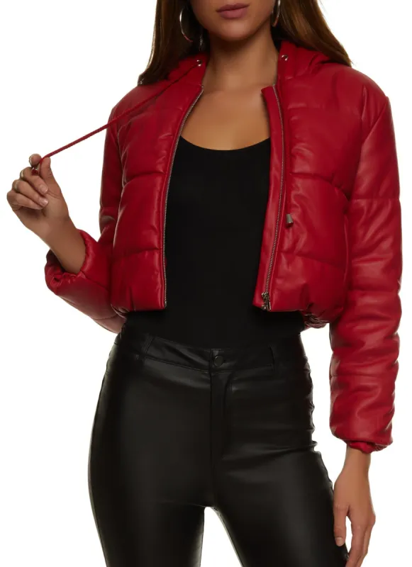 Faux Leather Hooded Drawstring Hem Puffer Jacket sold by Rainbow