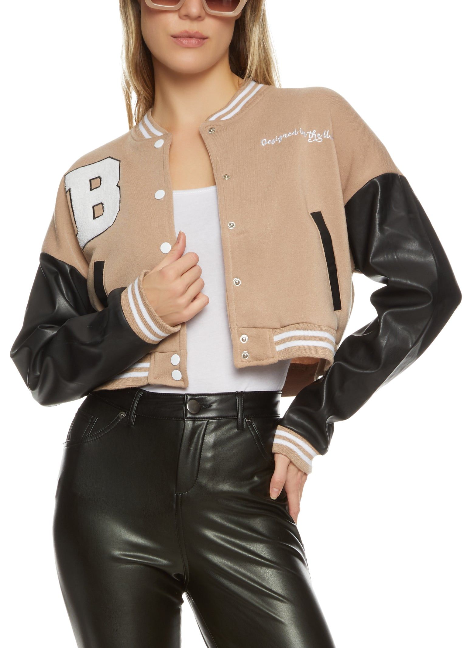 Faux Leather Sleeve Patch Varsity Jacket sold by Rainbow