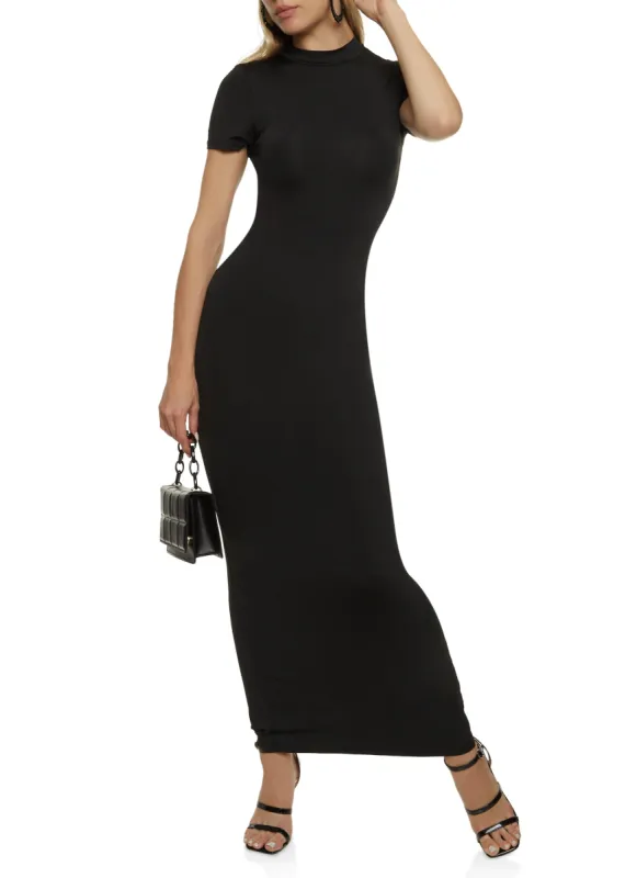 Solid Short Sleeve Mock Neck Maxi Dress sold by Rainbow