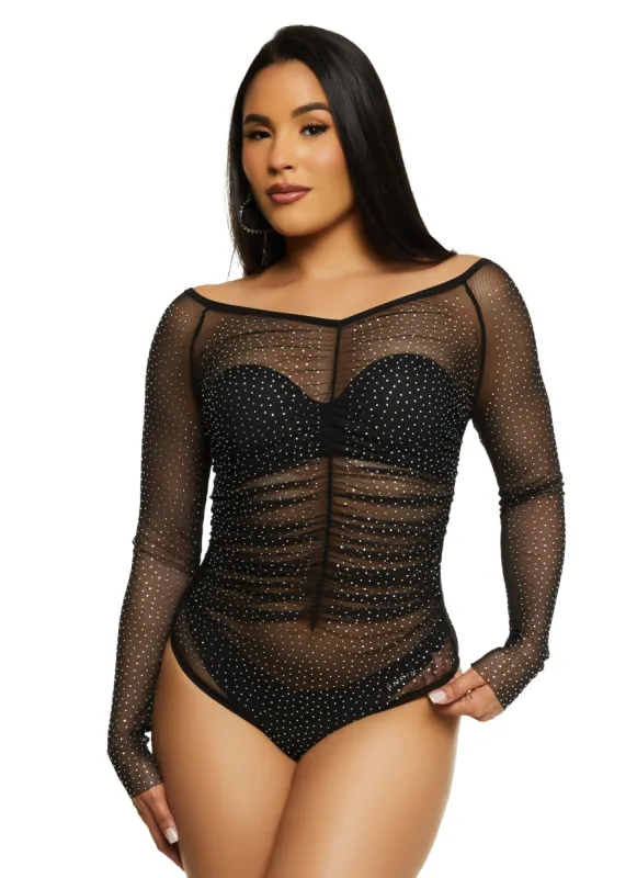 Iris Rhinestone Mesh Ruched Front Bodysuit sold by Rainbow