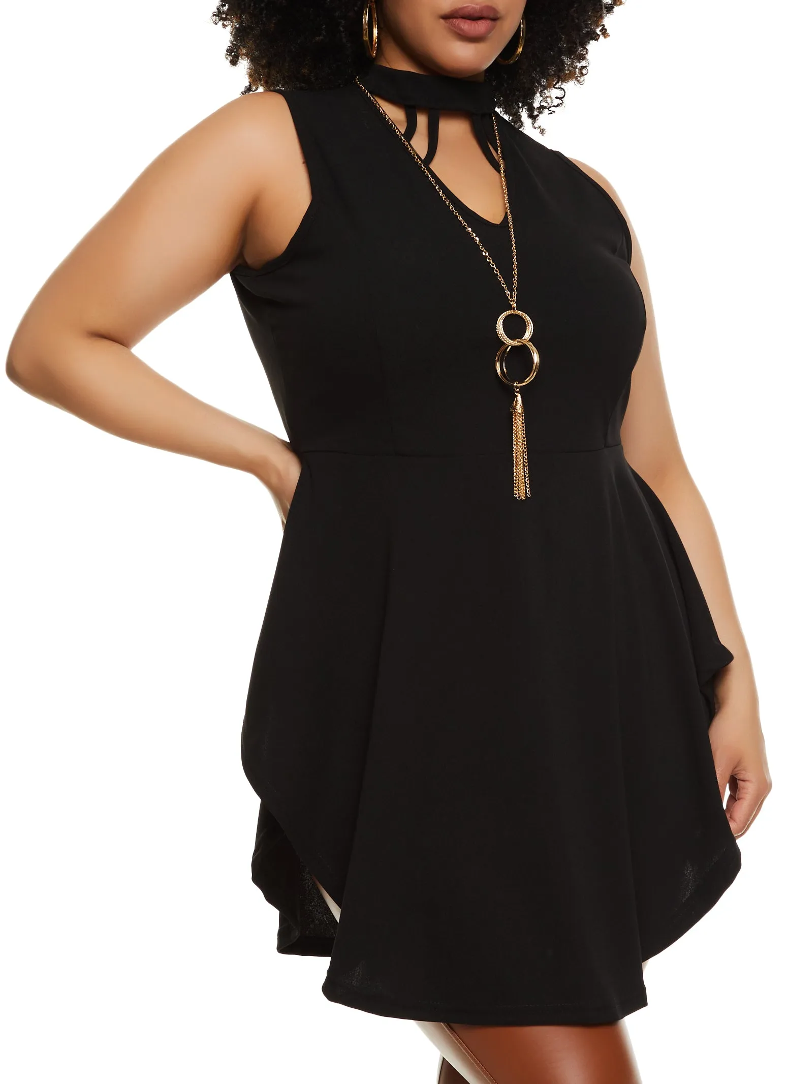 Plus Size High Neck Cut Out Peplum Tunic Top with Necklace sold by Rainbow