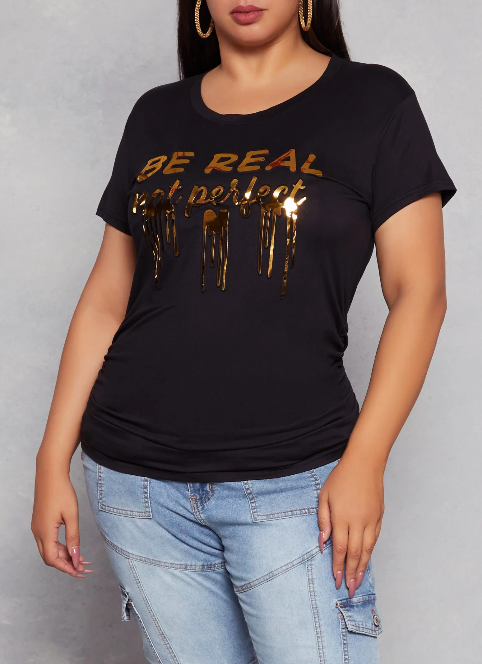 Plus Size Be Real Not Perfect Foil Screen Graphic Tee sold by Rainbow