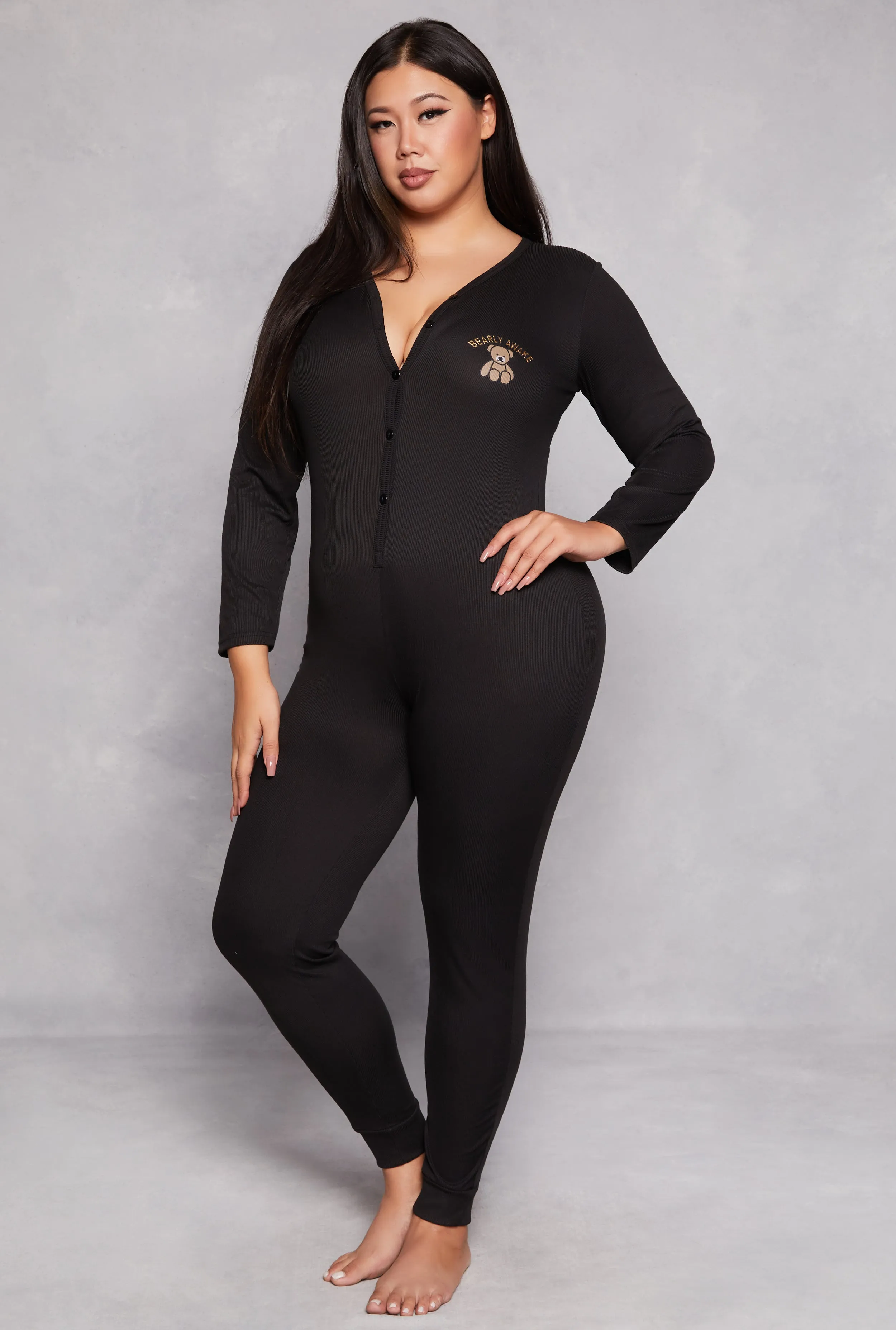 Plus Size Bearly Awake Embroidered Button Front Pajama Jumpsuit sold by Rainbow