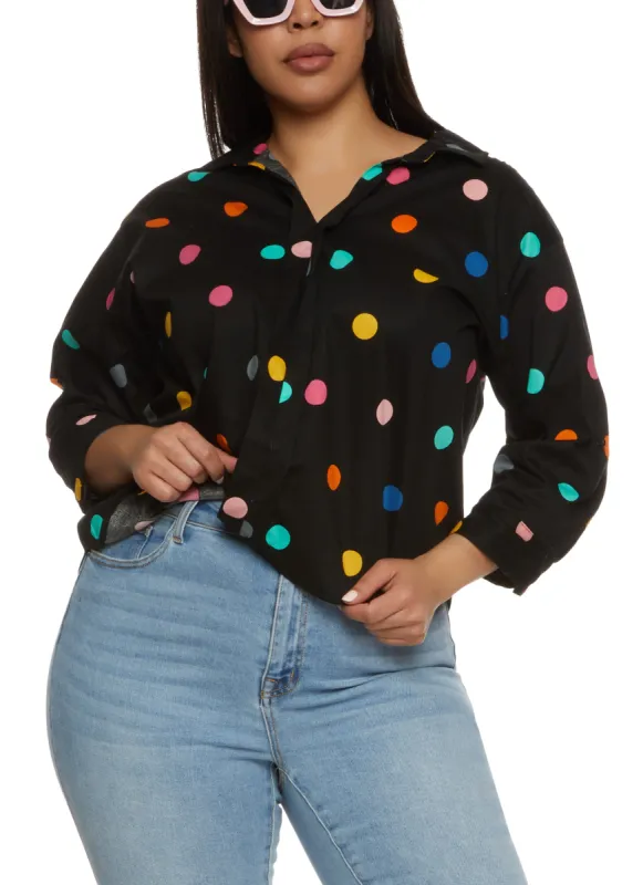 Plus Size Rainbow Polka Dot Tabbed Sleeve Shirt sold by Rainbow