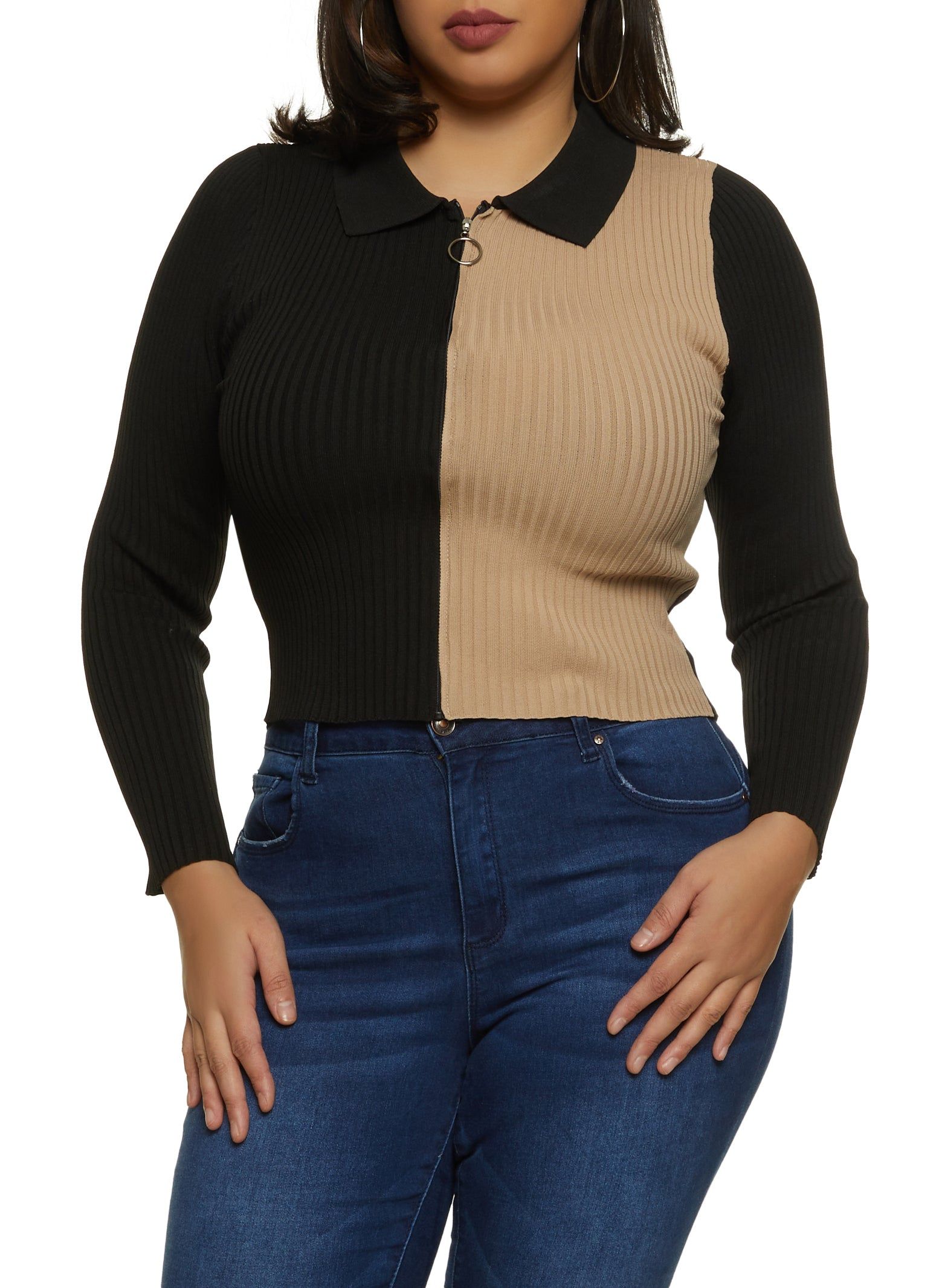 Plus Size Color Block Zip Front Crop Top sold by Rainbow