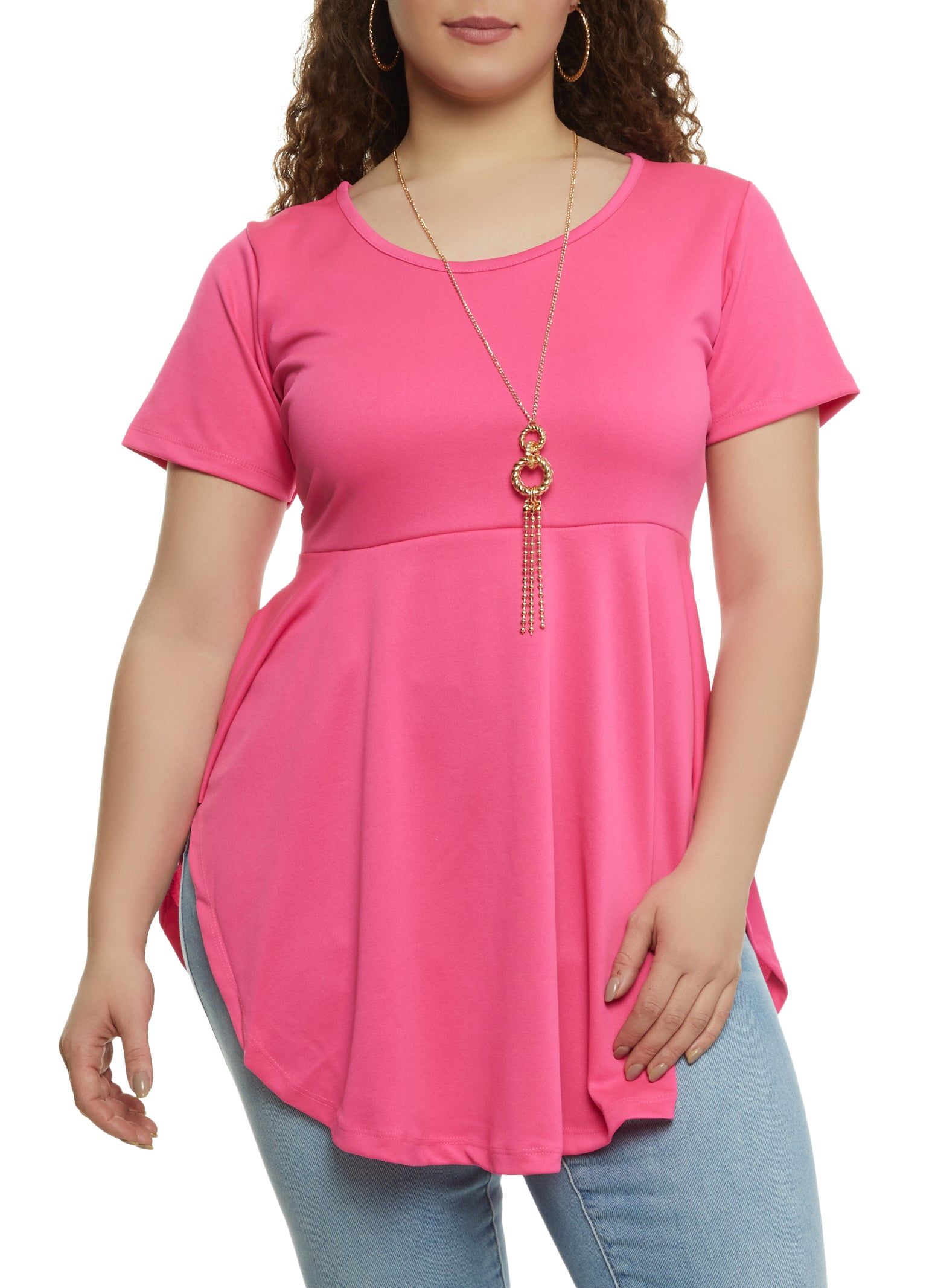 Plus Size Solid Ruffled Hem Top with Necklace sold by Rainbow