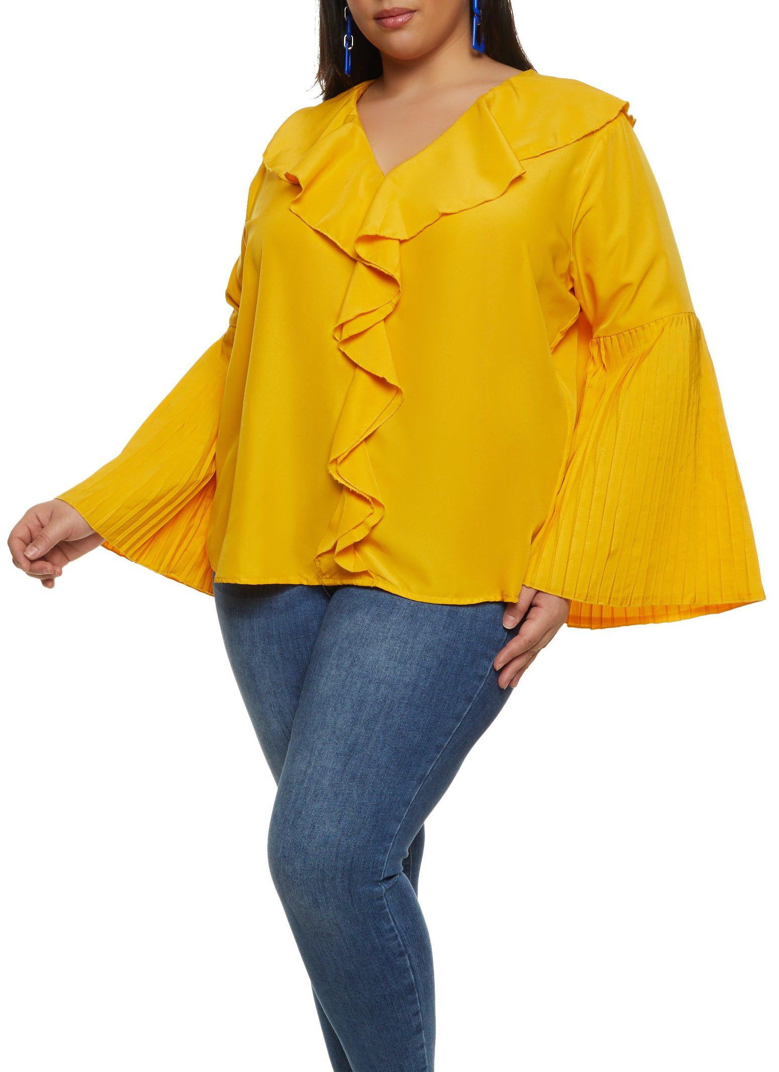 Plus Size Pleated Bell Sleeve Ruffle Front Blouse sold by Rainbow