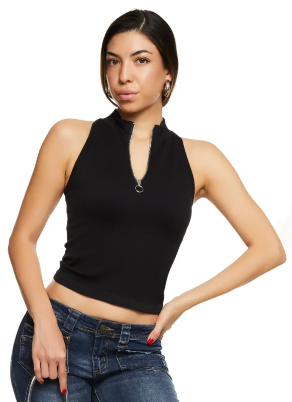 Seamless Ribbed Zip Neck Cropped Tank Top sold by Rainbow