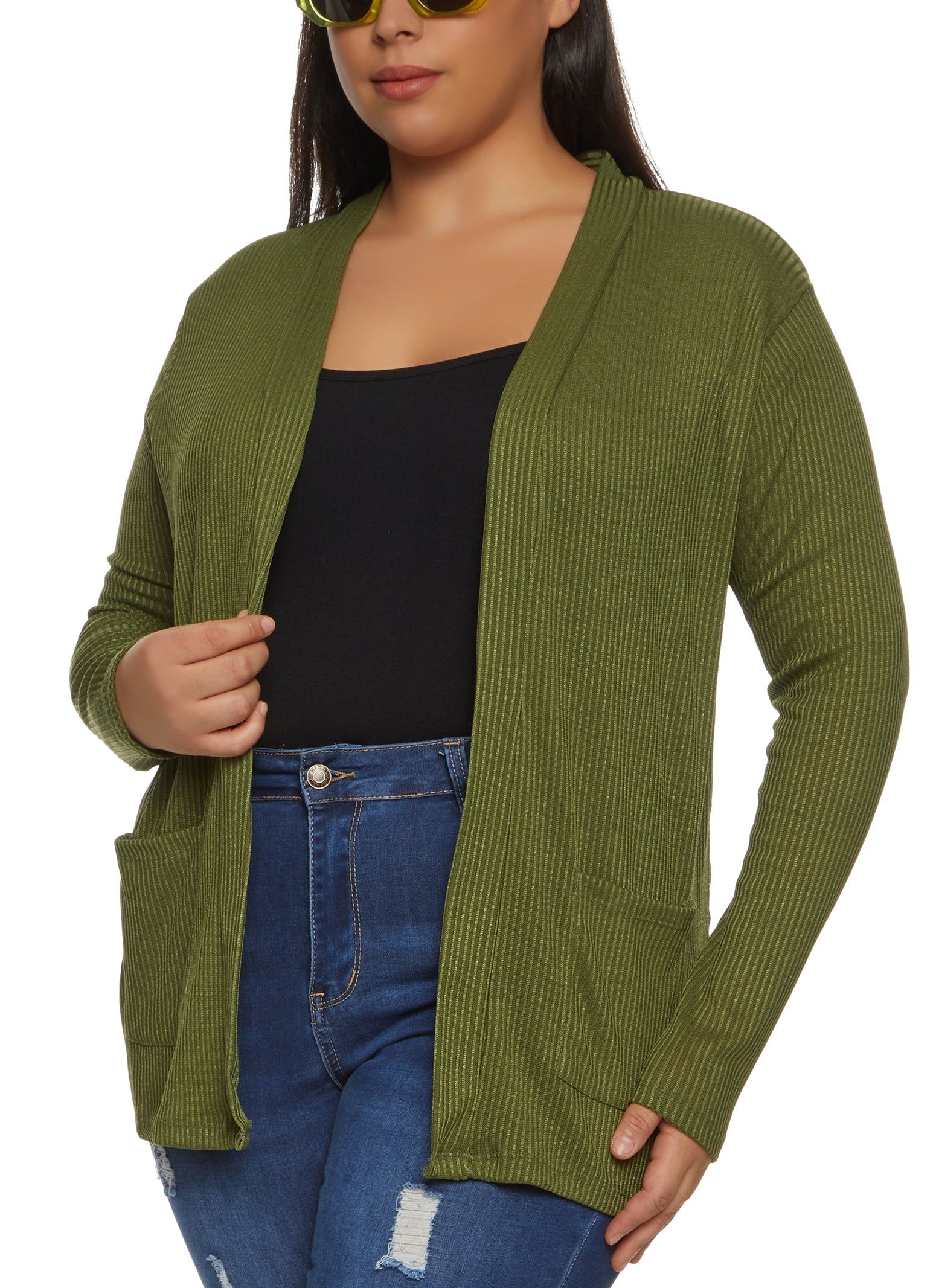 Plus Size Ribbed Knit Pocket Cardigan sold by Rainbow