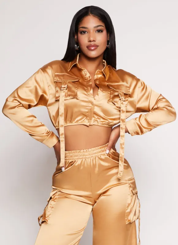 Satin Tabbed Cargo Pocket Crop Top sold by Rainbow