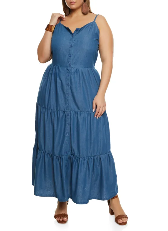 Plus Size Denim Button Front Tiered Maxi Dress sold by Rainbow