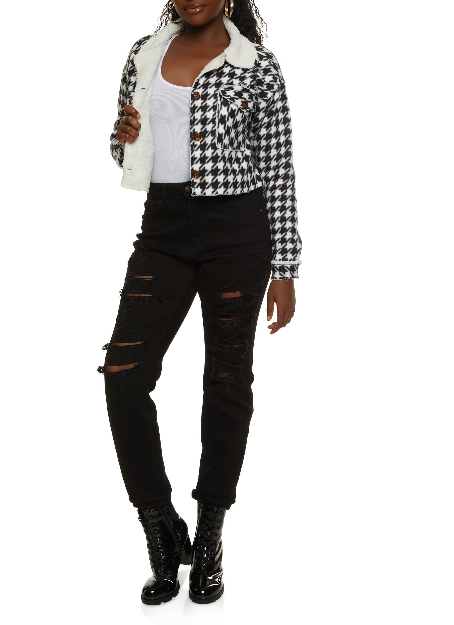 Houndstooth Sherpa Lined Cropped Jacket sold by Rainbow product image thumbnail 2