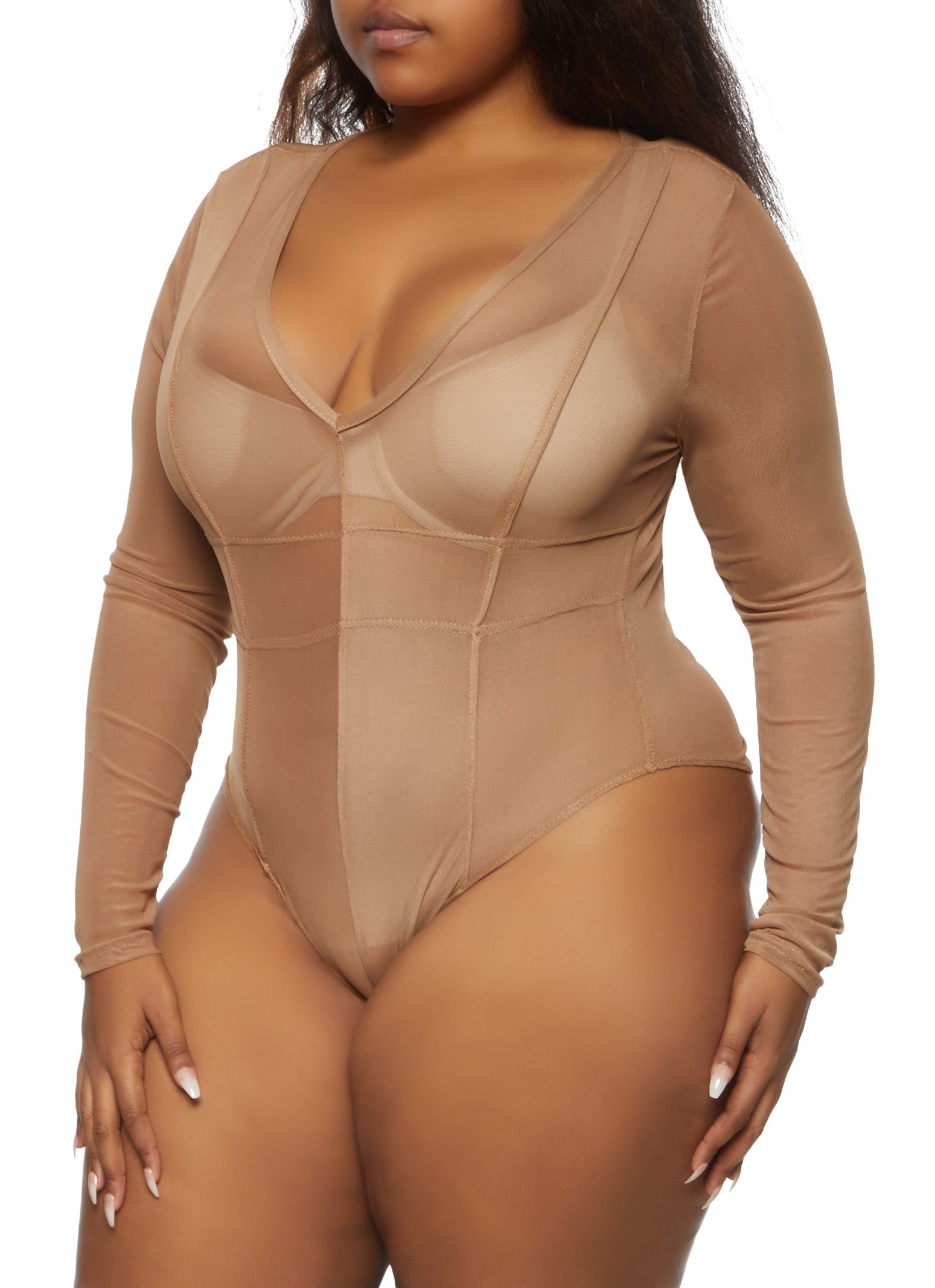 Plus Size V Neck Mesh Bodysuit sold by Rainbow