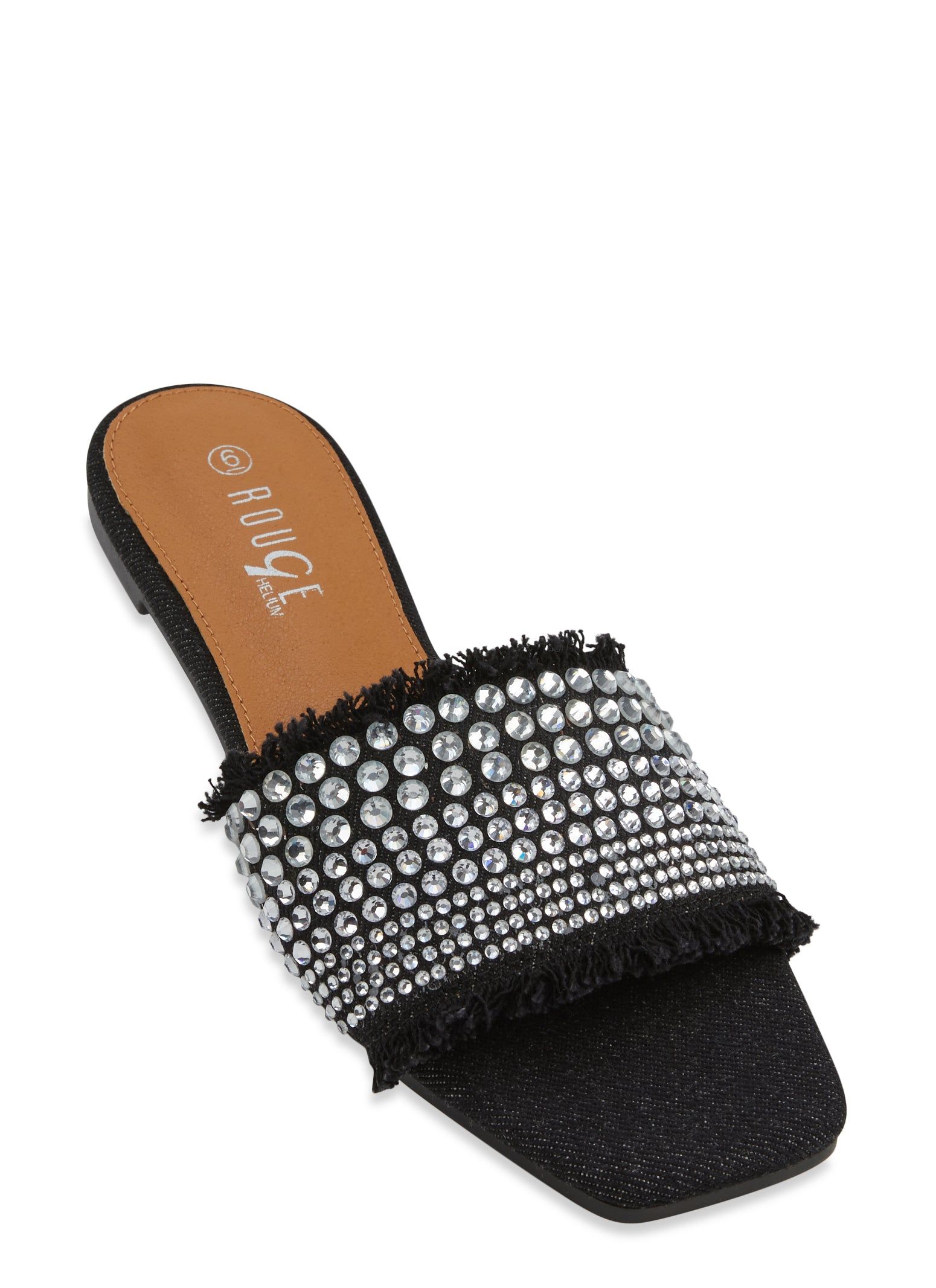 Frayed Denim Rhinestone Slide Sandals sold by Rainbow