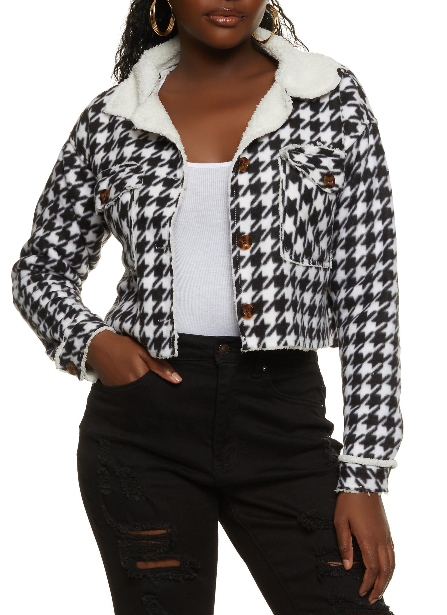 Houndstooth Sherpa Lined Cropped Jacket sold by Rainbow