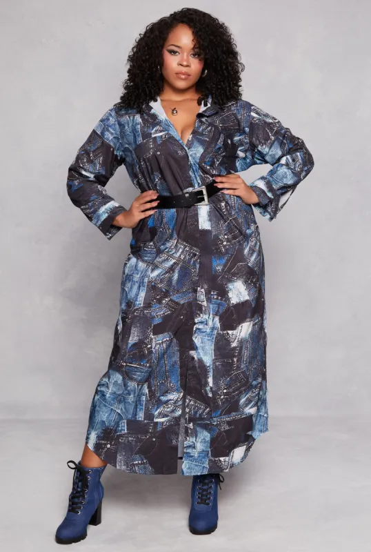 Plus Size Denim Print Maxi Shirt Dress sold by Rainbow
