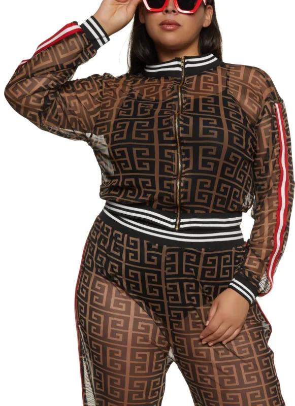 Plus Size Mesh Geometric Print Track Jacket sold by Rainbow