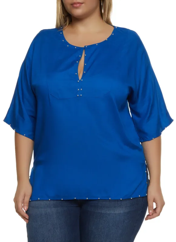 Plus Size Studded Trim Keyhole Front Top sold by Rainbow