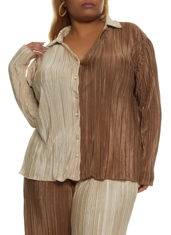 Plus Size Plisse Color Block Button Front Shirt sold by Rainbow