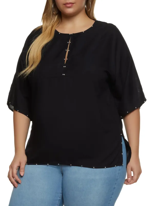 Plus Size Studded Trim Keyhole Front Top sold by Rainbow
